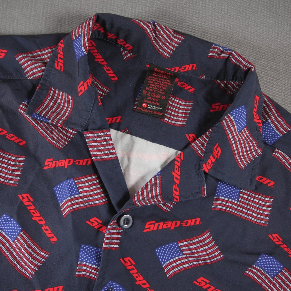 Snap-on American Flag Camp Collar Men Shirt M Patriotic Tools Auto Work
